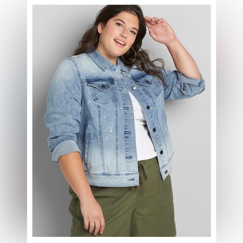 Lane Bryant Bleach Splattered Denim Jean Jacket Womens Plus Size 14 Light Wash